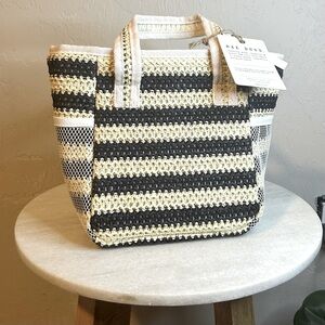 Rae Dunn Cream & Black Striped Straw Insulated Lunch Tote